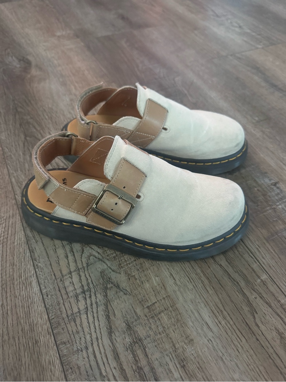 Dr. Martens Beige Suede Slingback Clogs with Tan Buckle